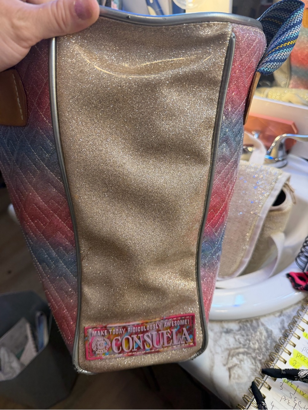 Consuela Quilted Ombre Tote in Blue and Pink with Tan Accents - Picture 4 of 5